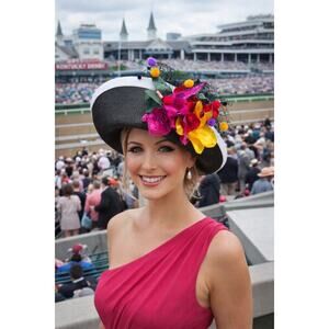 Shon Whittall Black White Straw Hat Floral Netting One Size Derby
